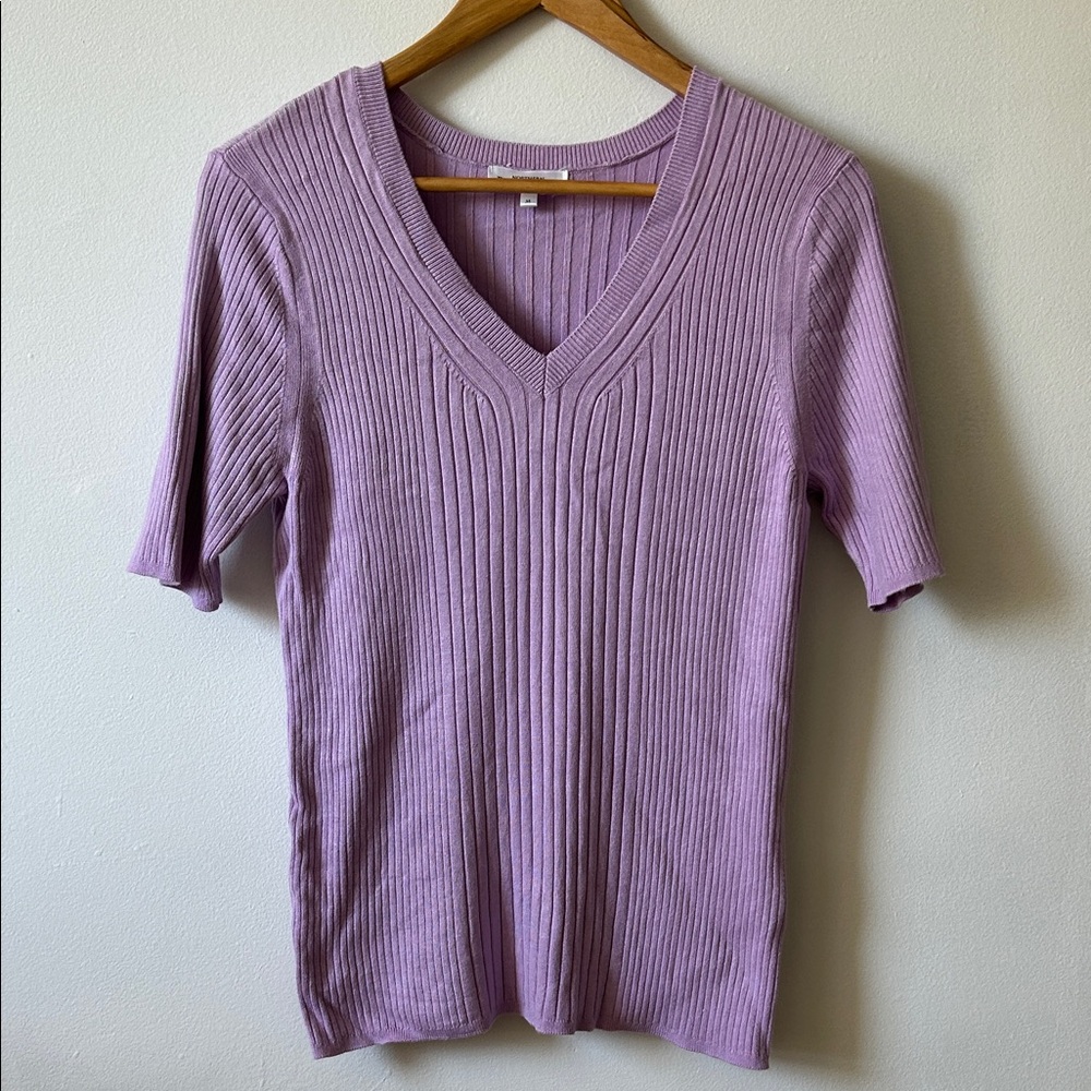 Women's Ribbed V-Neck Short Sleeve Top - Lilac Size M